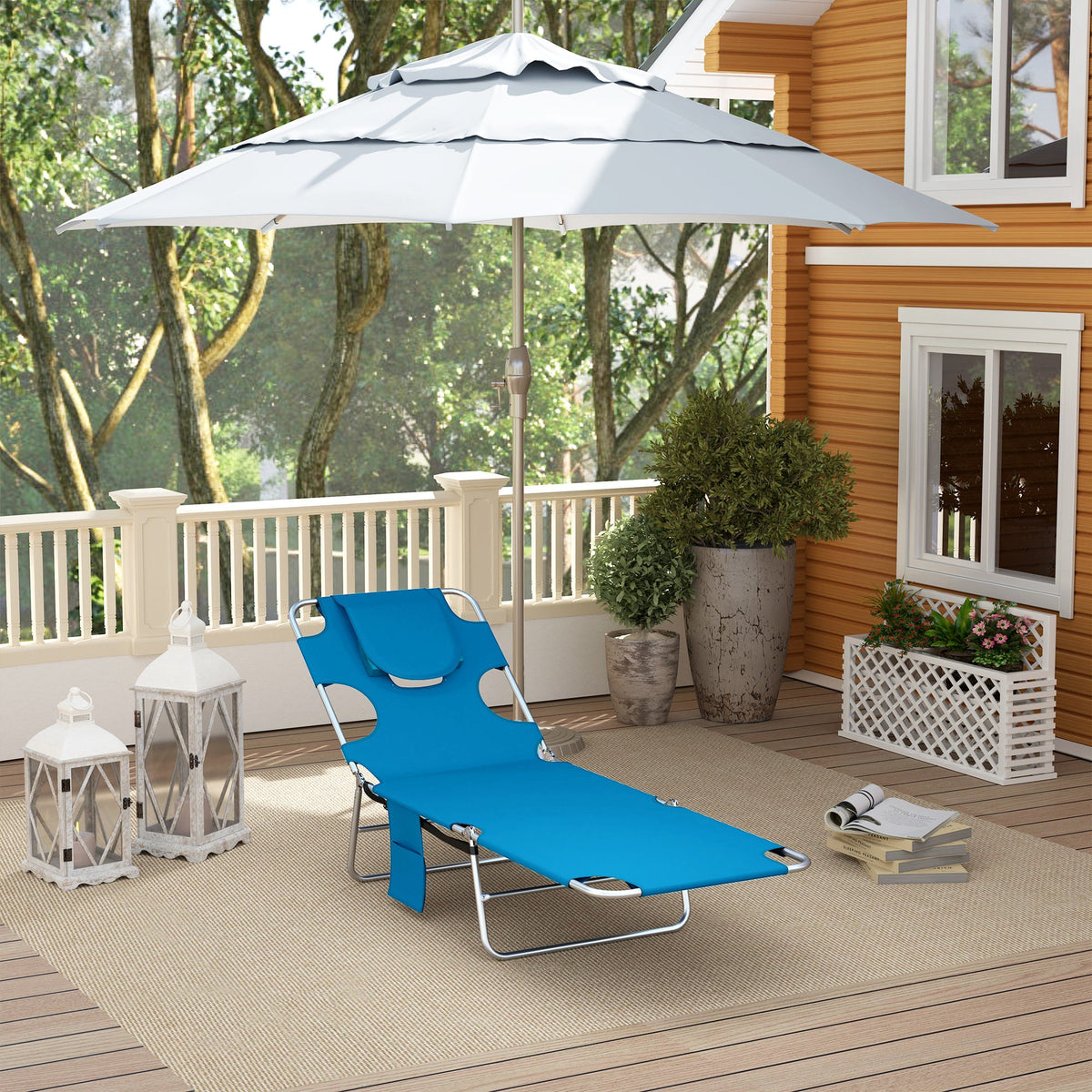 Folding Lounge Chair with Face Hole, Side Pocket and Strap, Blue