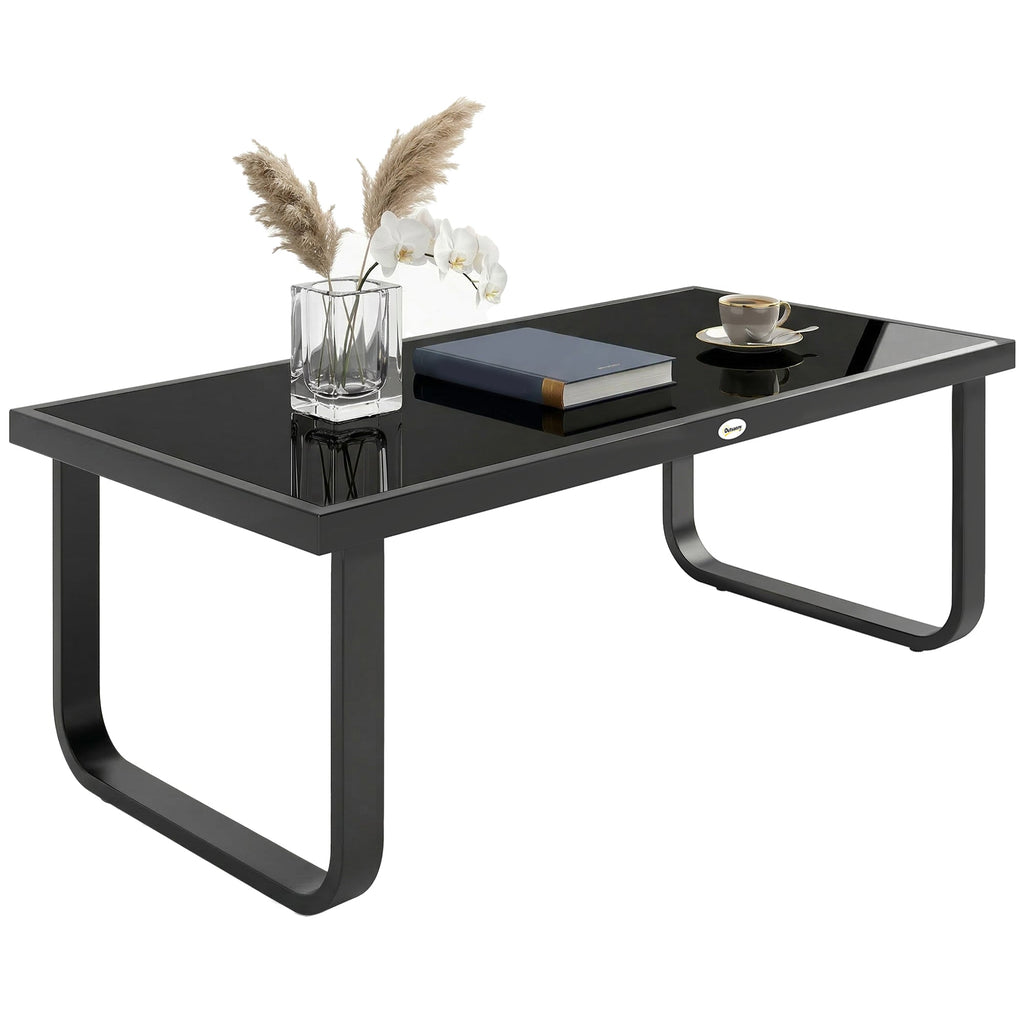 Outdoor Metal Coffee Table 90x45x33 cm with Tempered Glass Top, Black