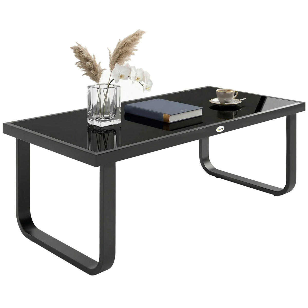 Outdoor Metal Coffee Table 90x45x33 cm with Tempered Glass Top, Black