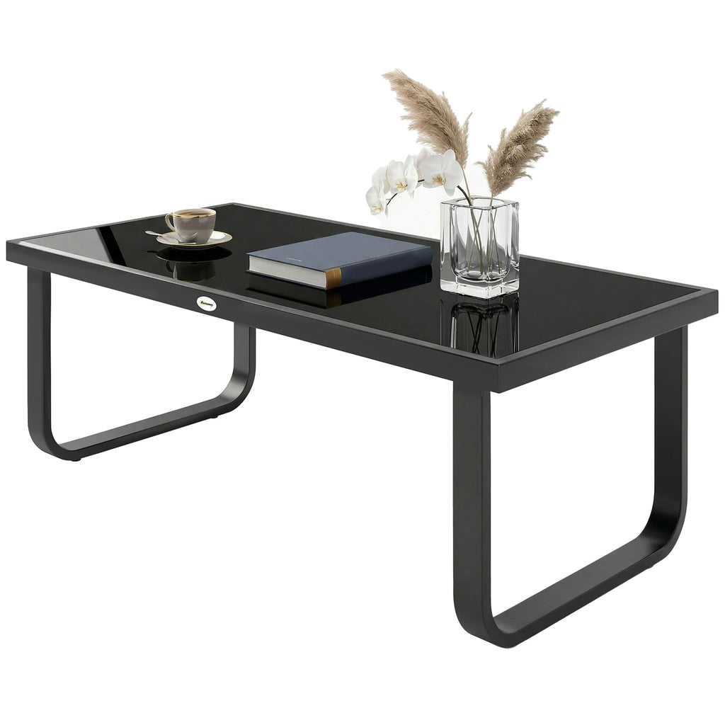 Outdoor Metal Coffee Table 90x45x33 cm with Tempered Glass Top, Black
