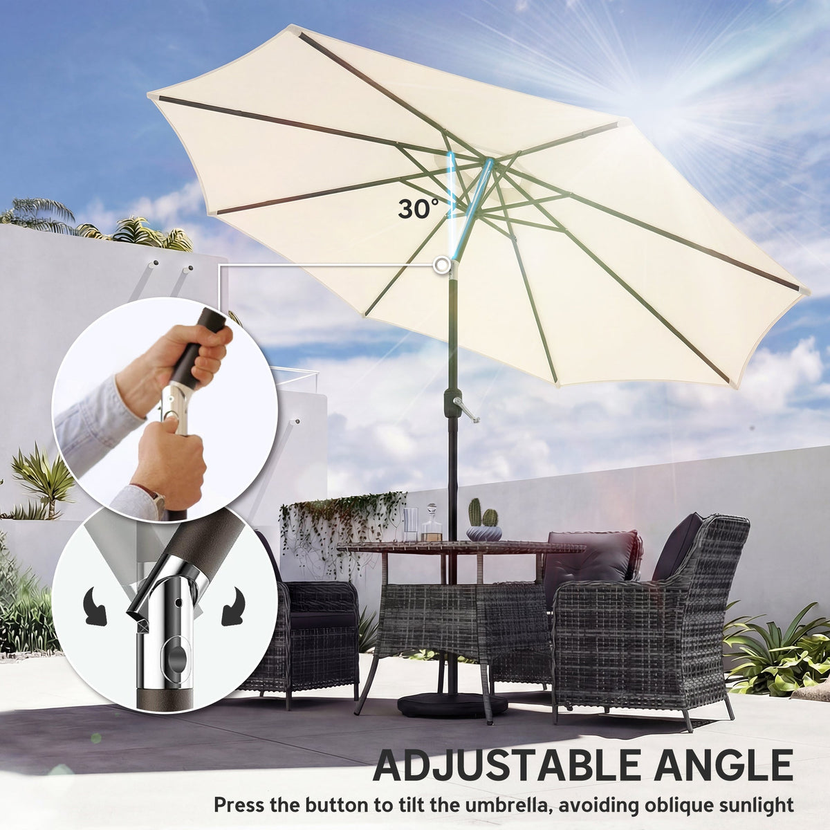 2.7 m Garden Parasol with Cross Base, Sandbag and Tilt, Cream White