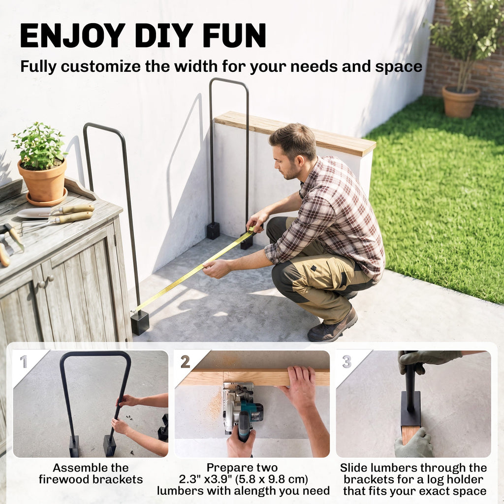 Heavy-Duty Steel DIY Firewood Rack with Customizable Width for Indoor & Outdoor Log Storage, Black