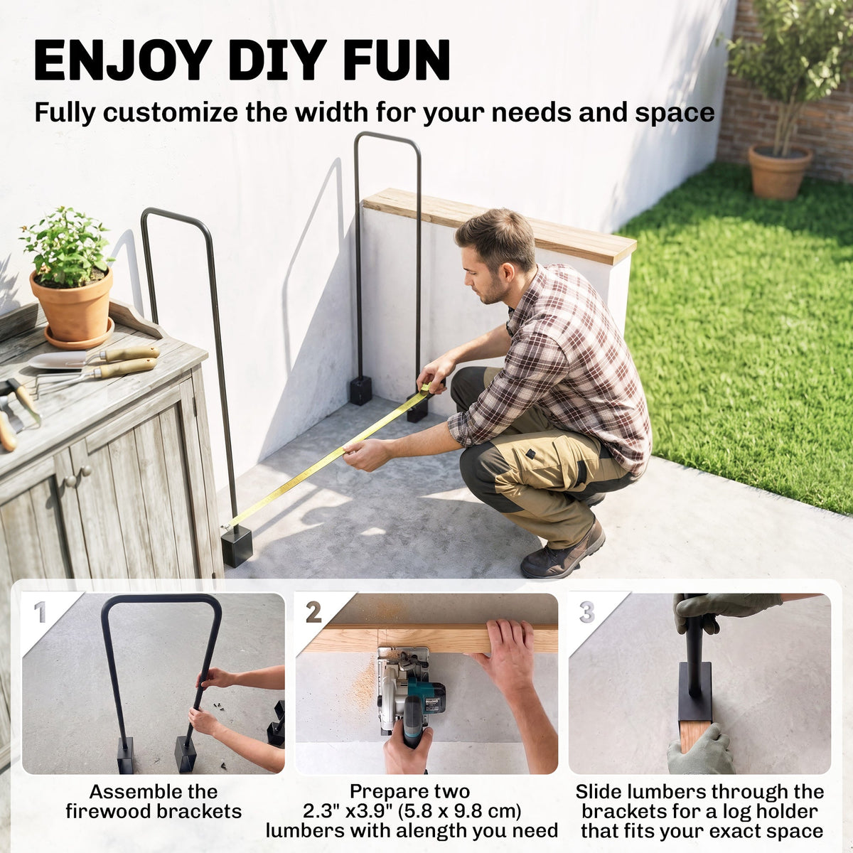 Heavy-Duty Steel DIY Firewood Rack with Customizable Width for Indoor & Outdoor Log Storage, Black