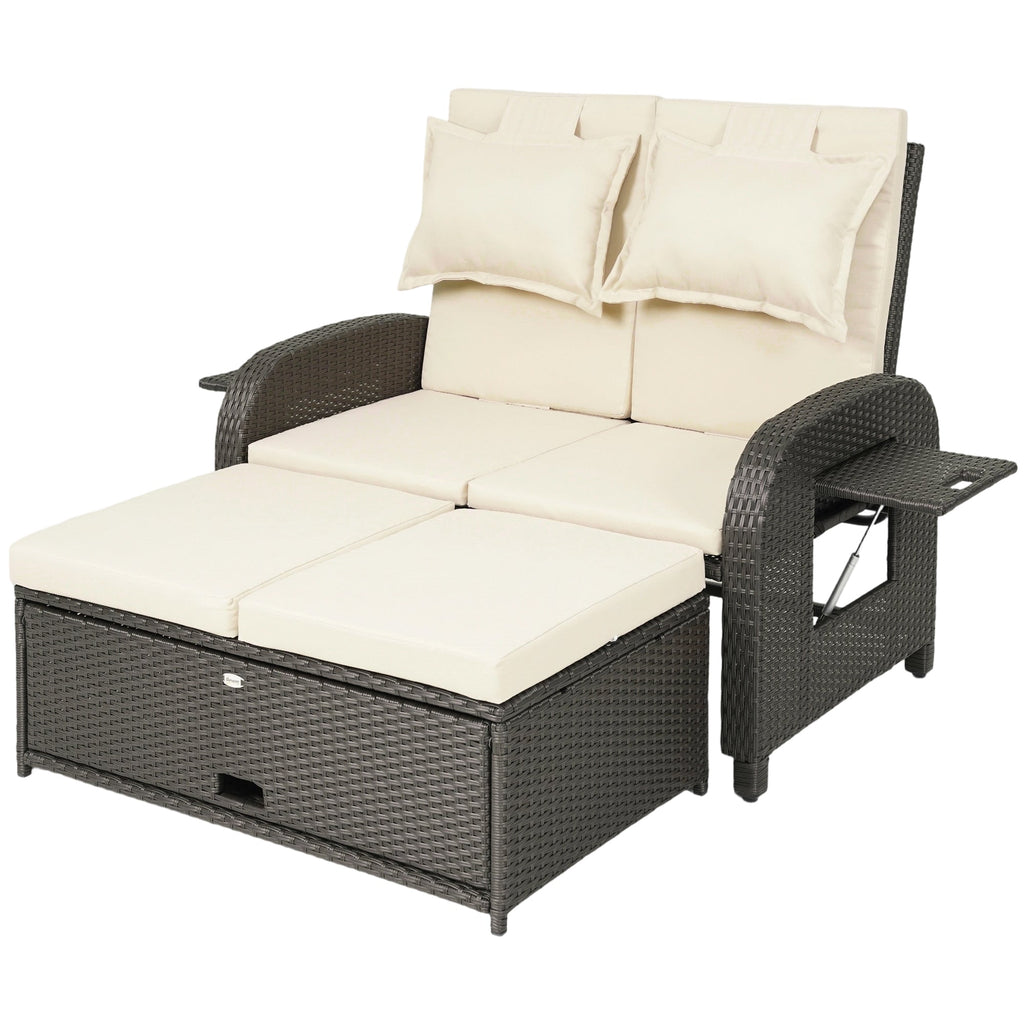 Rattan Patio Daybed with Storage Ottoman and Adjustable Backrest, Beige