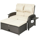 Rattan Patio Daybed with Storage Ottoman and Adjustable Backrest, Beige