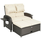 Rattan Patio Daybed with Storage Ottoman and Adjustable Backrest, Beige