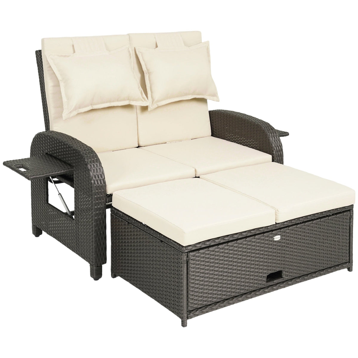 Rattan Patio Daybed with Storage Ottoman and Adjustable Backrest, Beige