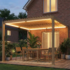 10' x 10' Louvered Pergola with Solar LED Lights and Adjustable Roof, Brown