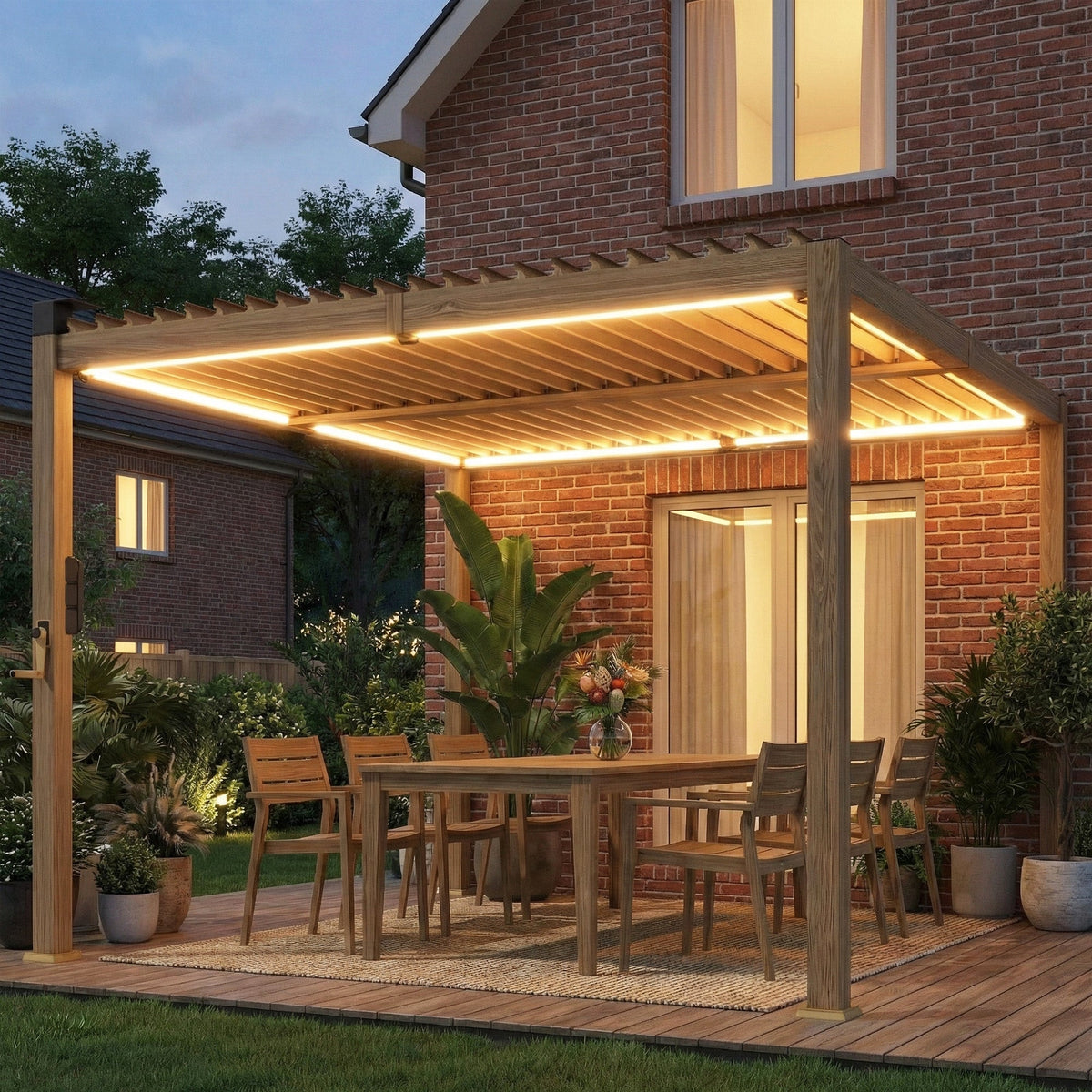 10' x 10' Louvered Pergola with Solar LED Lights and Adjustable Roof, Brown