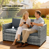 2 Seater Rattan Sofa with Deep Seat and Wide Armrests, Mixed Grey