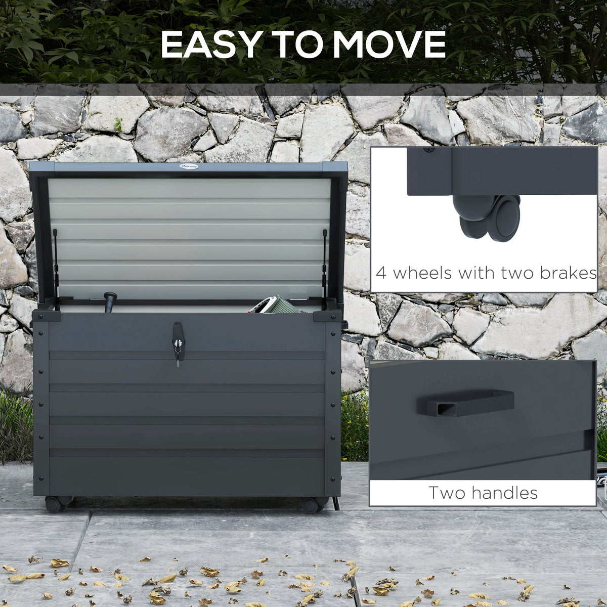 78 Gallon Galvanized Steel Deck Box with Wheels and Handles, Dark Grey