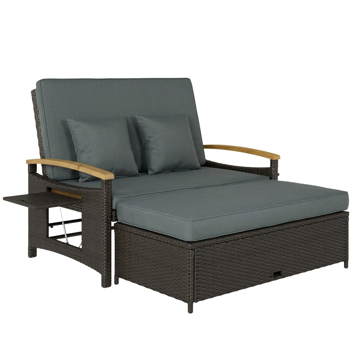 Rattan Daybed with Adjustable Backrest, Storage Ottoman, Mixed Gray