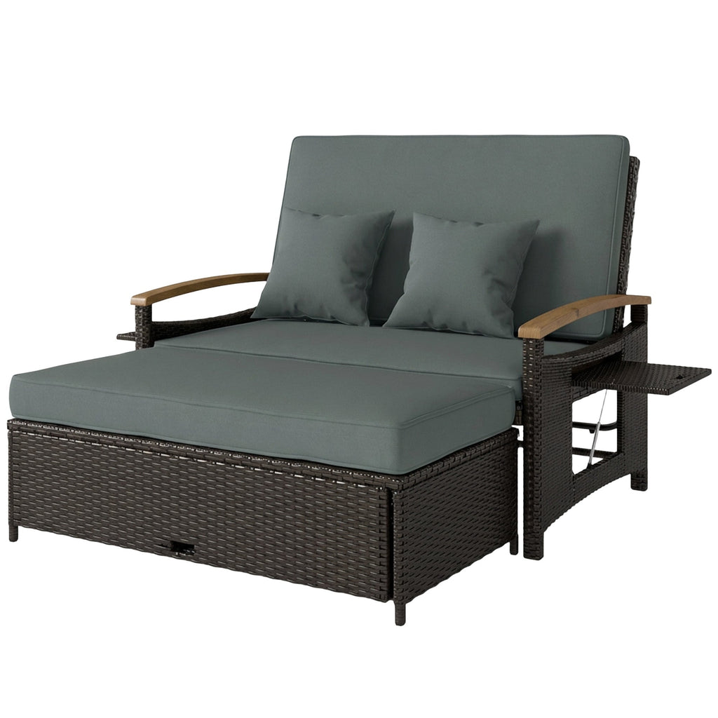 Rattan Daybed with Adjustable Backrest, Storage Ottoman, Mixed Gray