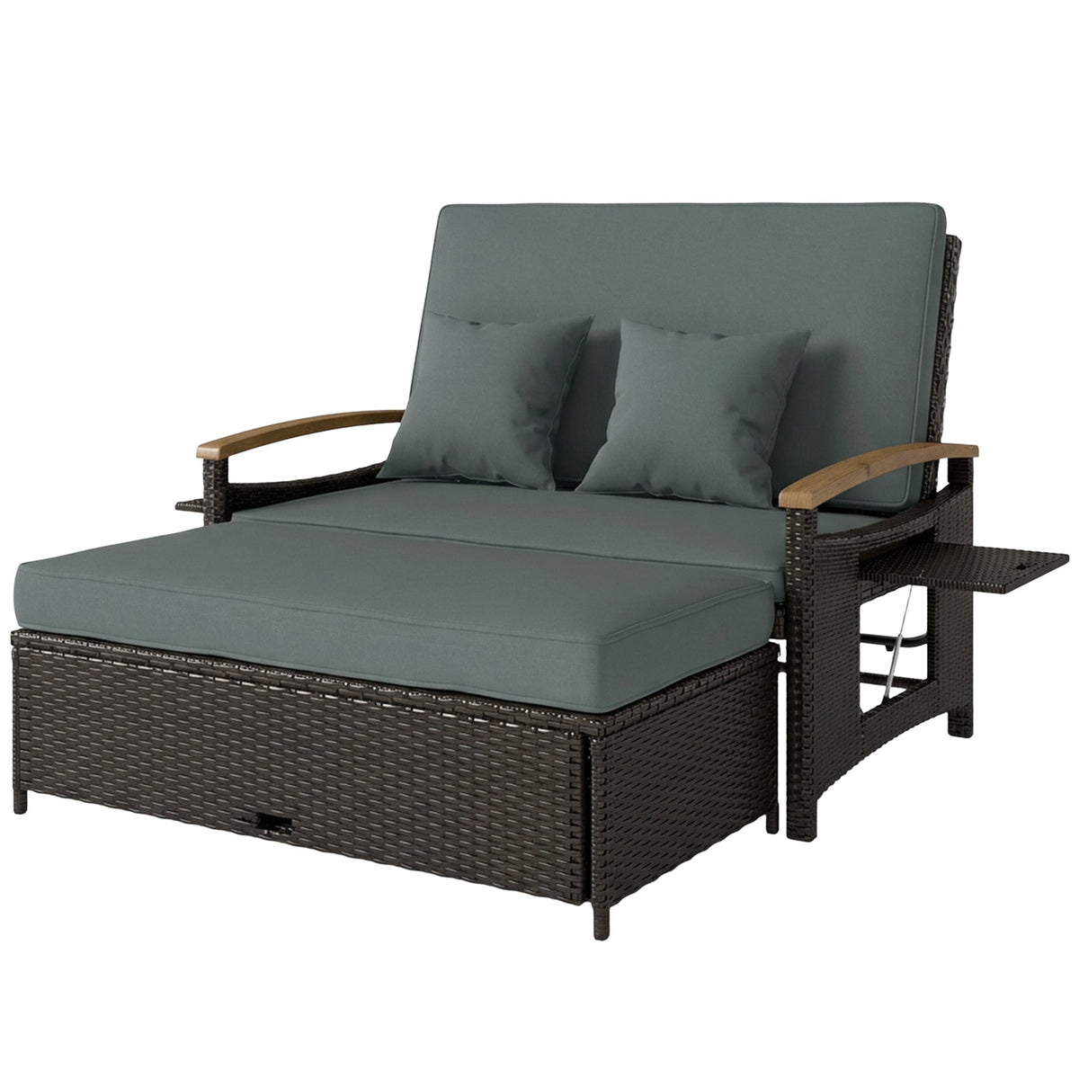 Rattan Daybed with Adjustable Backrest, Storage Ottoman, Mixed Gray