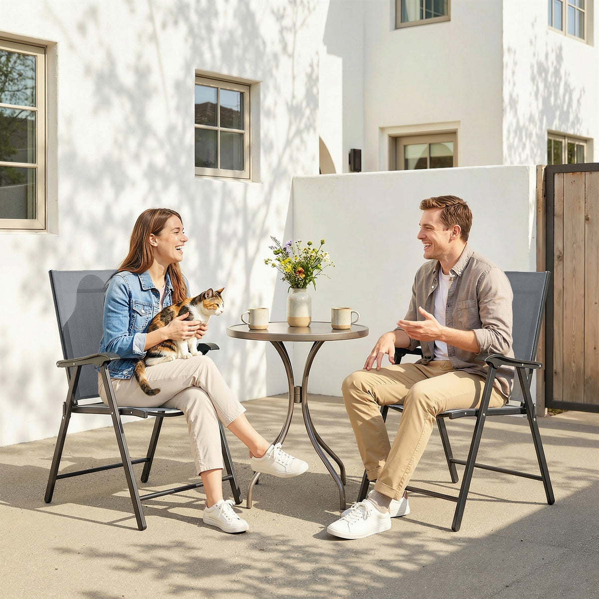 Set of 2 Folding Garden Chairs with High Back and Armrests, Light Grey