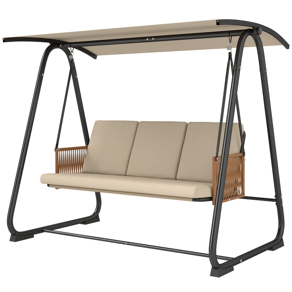 3 Seater Garden Swing Chair with Tilting Canopy and Zipped Cushions, Sand Brown