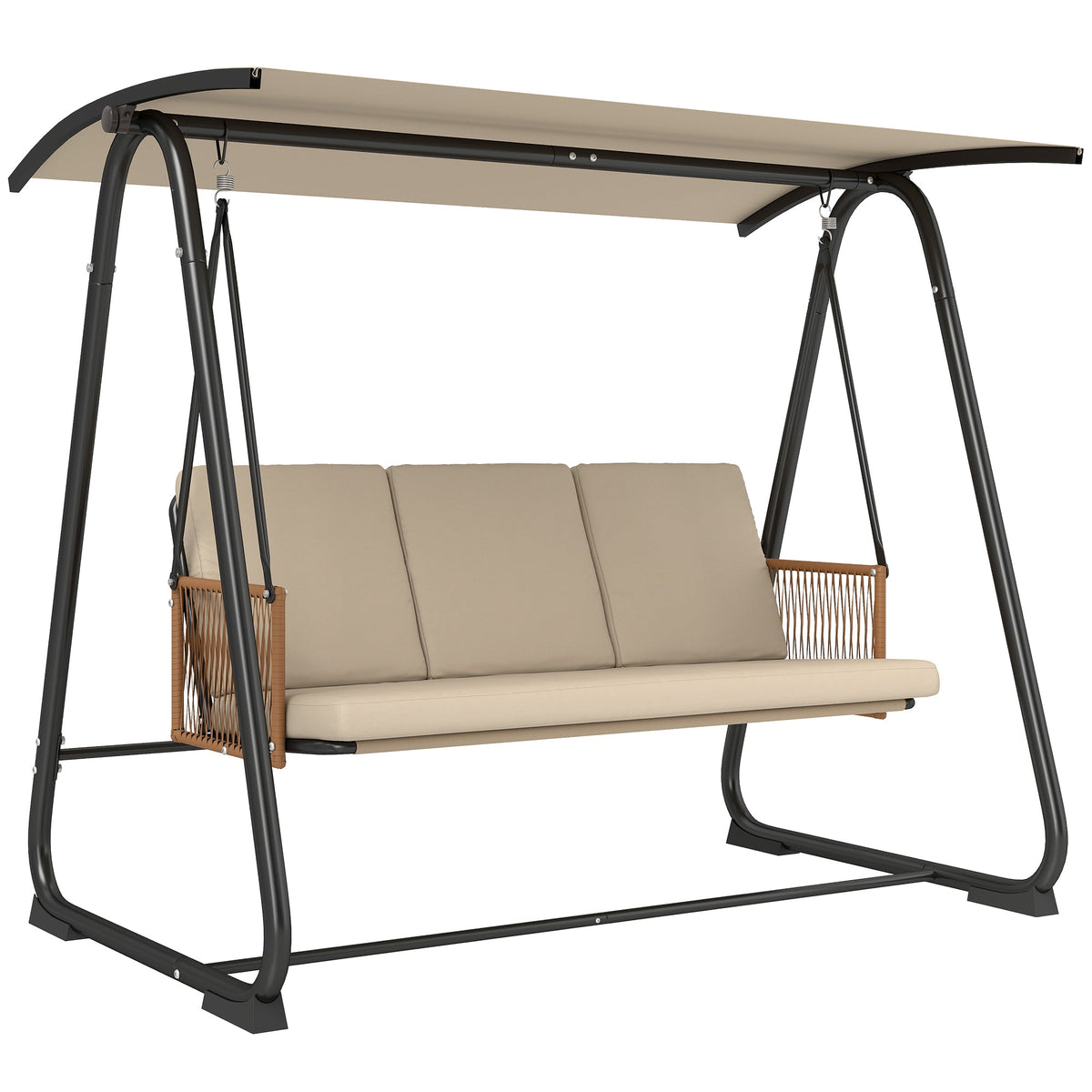 3 Seater Garden Swing Chair with Tilting Canopy and Zipped Cushions, Sand Brown