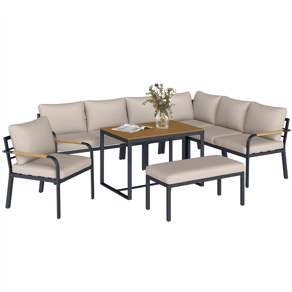 7 Seater Garden Furniture Set with Faux Wood Table, Khaki