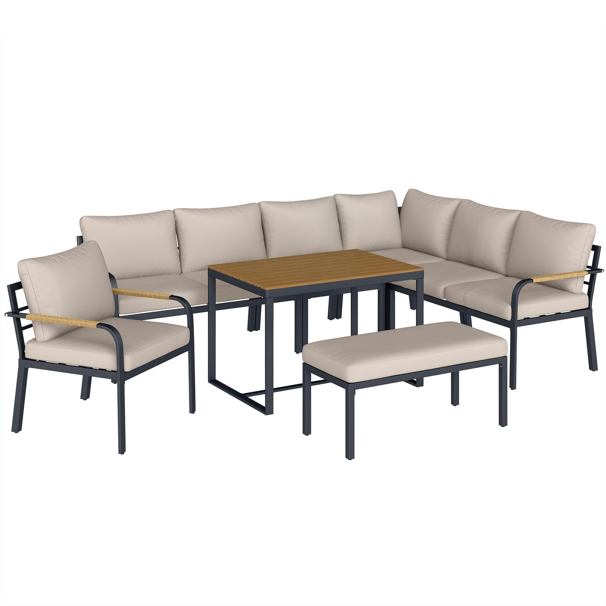 7 Seater Garden Furniture Set with Faux Wood Table, Khaki