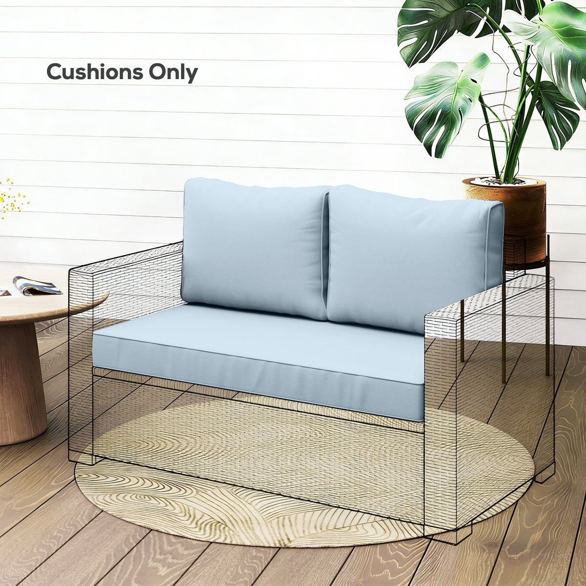 2 Seater Outdoor Seat Cushions with Backrest, Light Blue