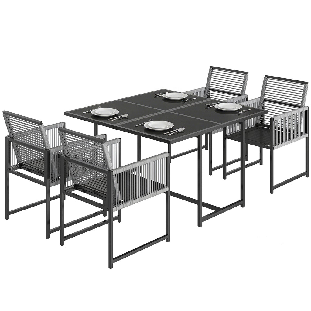5-Piece Light Grey Outdoor Dining Set with Tempered Glass Top, Foldable Chairs