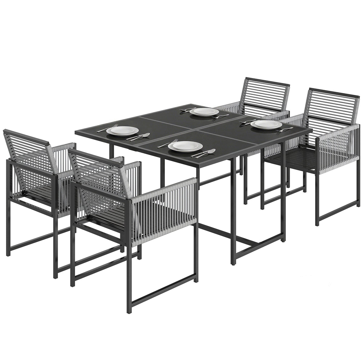 5-Piece Light Grey Outdoor Dining Set with Tempered Glass Top, Foldable Chairs