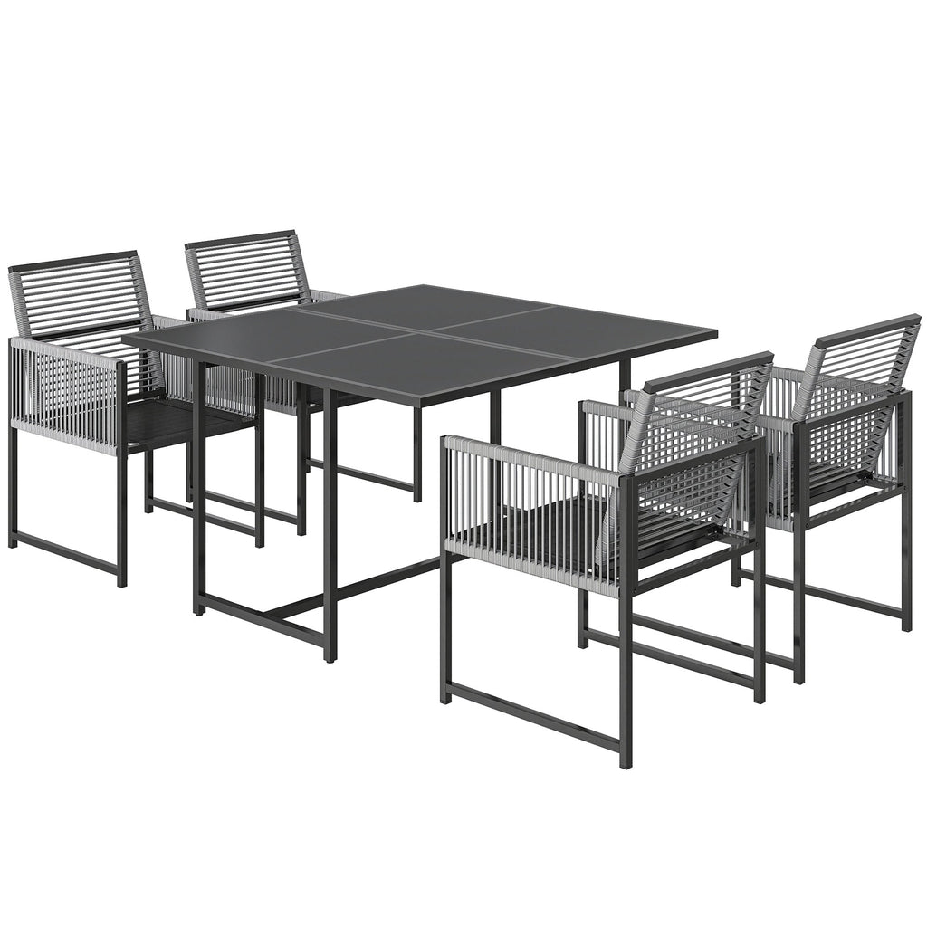 5-Piece Light Grey Outdoor Dining Set with Tempered Glass Top, Foldable Chairs