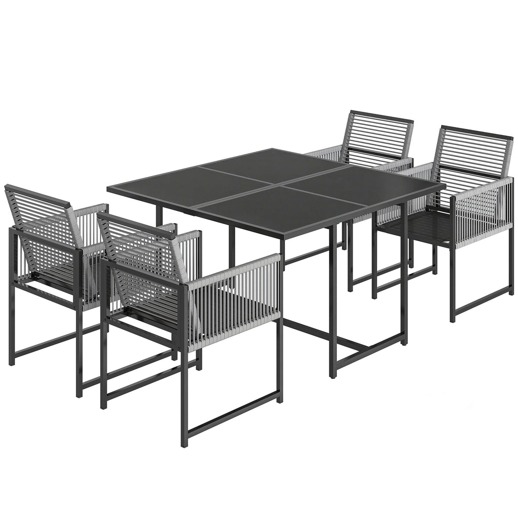 5-Piece Light Grey Outdoor Dining Set with Tempered Glass Top, Foldable Chairs