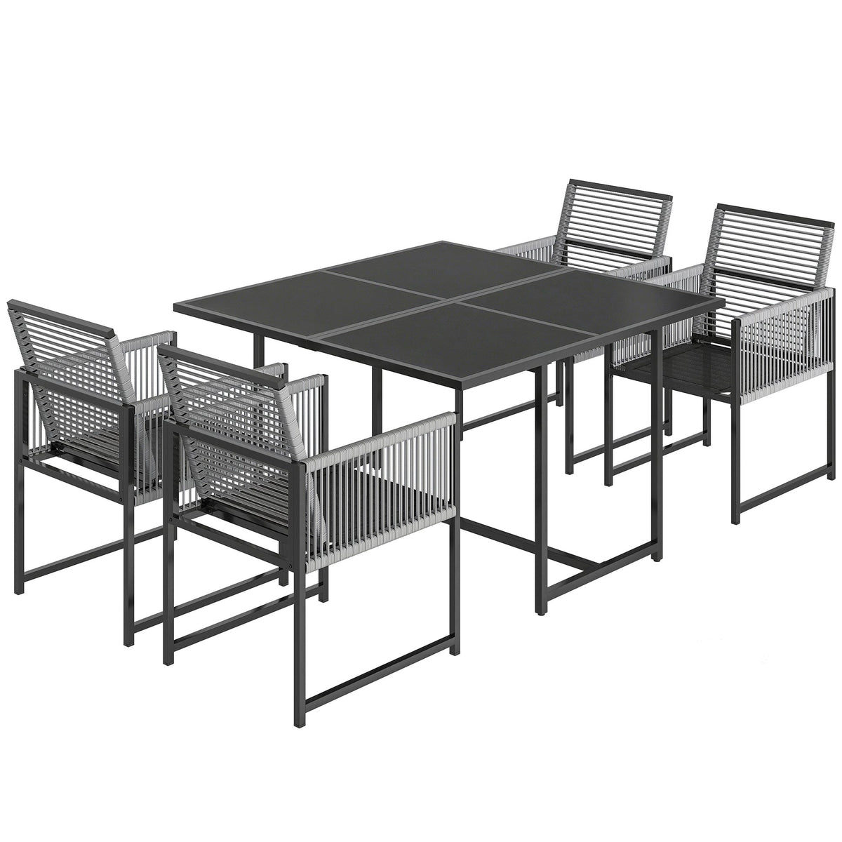 5-Piece Light Grey Outdoor Dining Set with Tempered Glass Top, Foldable Chairs