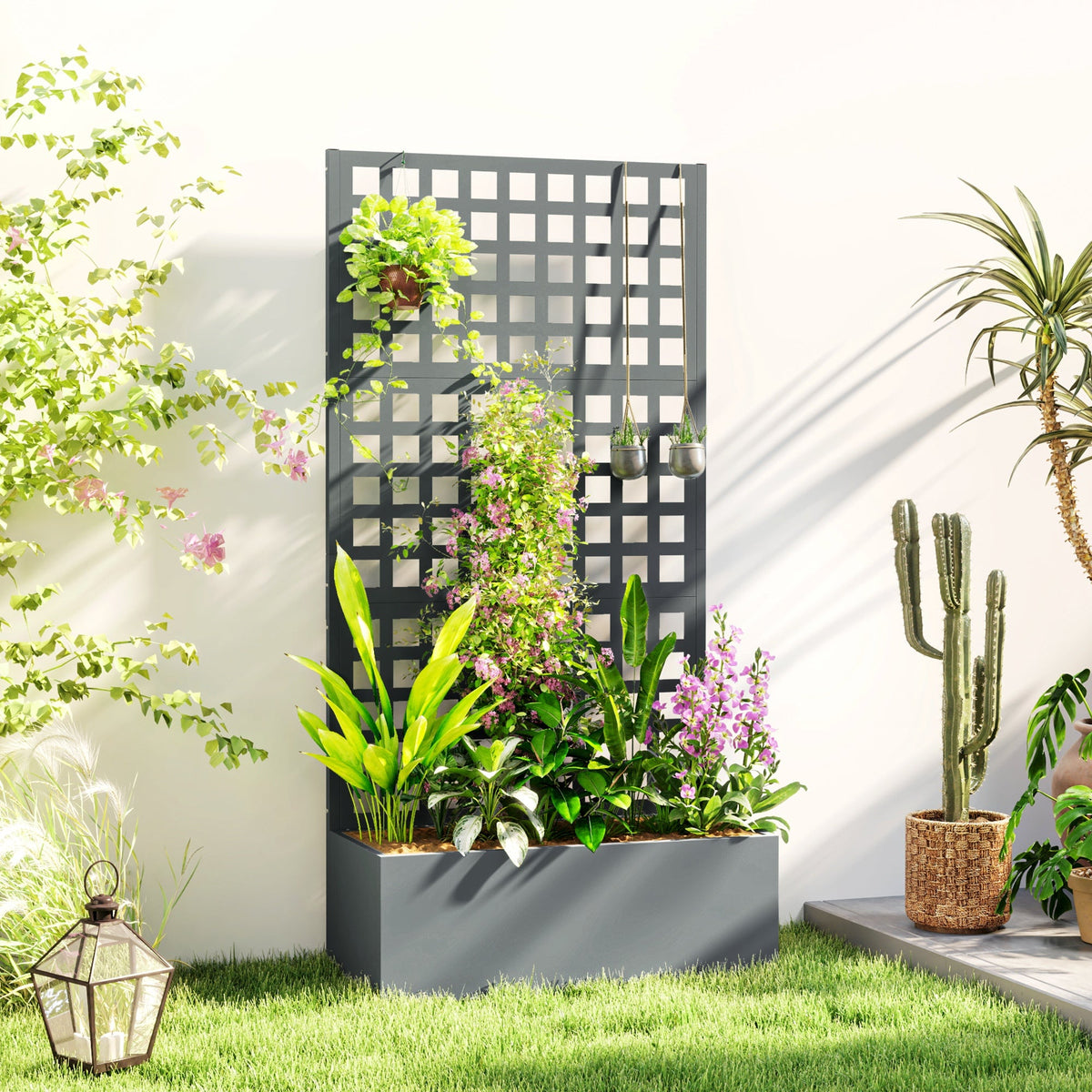 35" x 16" x 70" Raised Garden Bed with Trellis and Privacy Screen, Grey Wood Effect