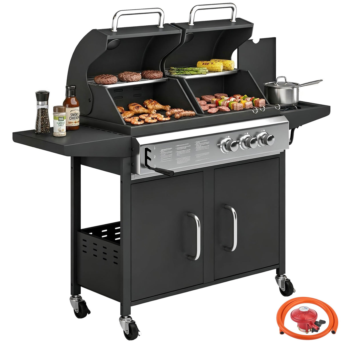 2+1 Burner Hybrid Dual Fuel BBQ Grill with Cabinet, Black