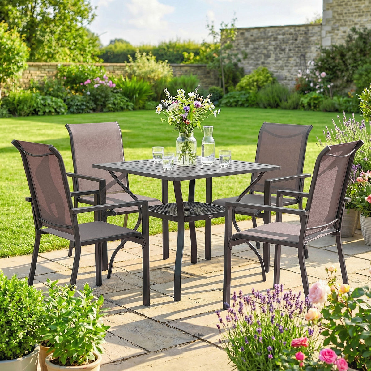 5 Piece Garden Dining Set with Stackable Chairs and Parasol Hole, Grey/Khaki