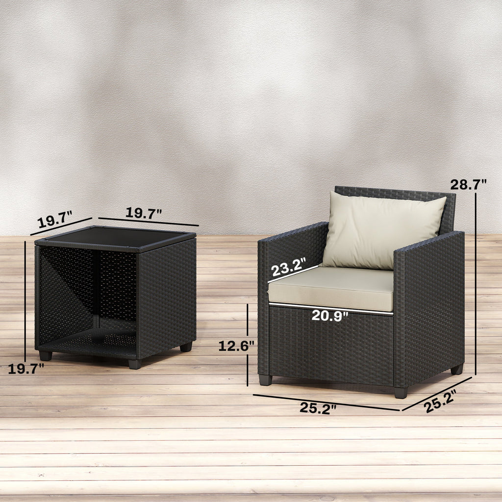 3 Piece Patio Bistro Set with Glass Table and Cushioned Chairs, Beige
