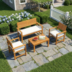 4-Seater Acacia Wood Outdoor Set with Loveseat, 2 Armchairs & Wood-Top Table, Cream