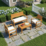 4-Seater Acacia Wood Outdoor Set with Loveseat, 2 Armchairs & Wood-Top Table, Cream