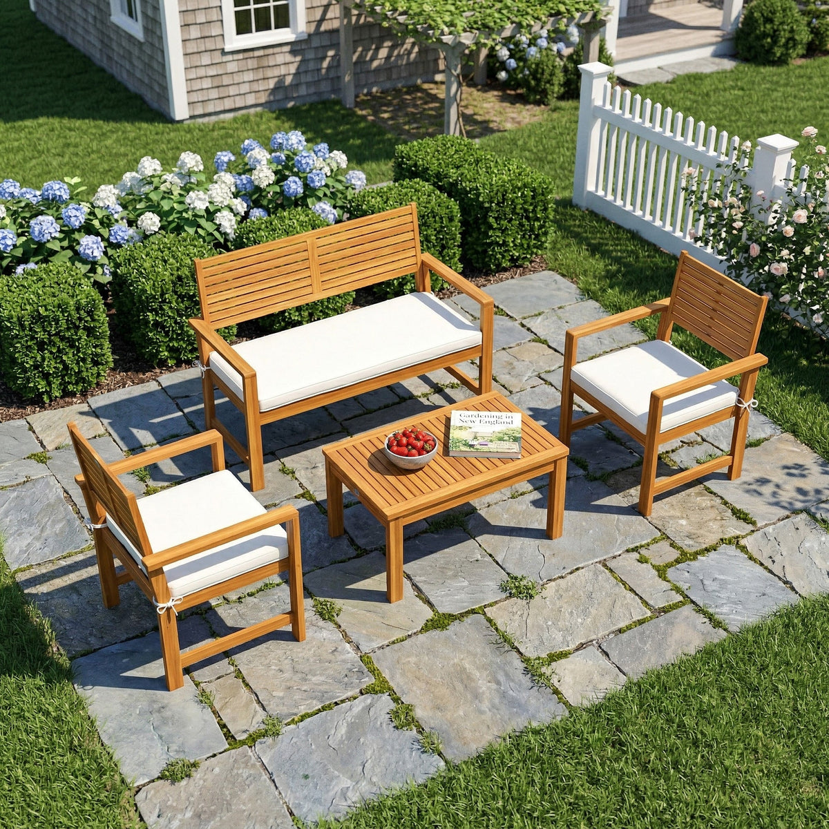 4-Seater Acacia Wood Outdoor Set with Loveseat, 2 Armchairs & Wood-Top Table, Cream