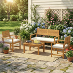 4-Seater Acacia Wood Outdoor Set with Loveseat, 2 Armchairs & Wood-Top Table, Cream
