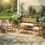 4-Seater Acacia Wood Outdoor Set with Loveseat, 2 Armchairs & Wood-Top Table, Cream