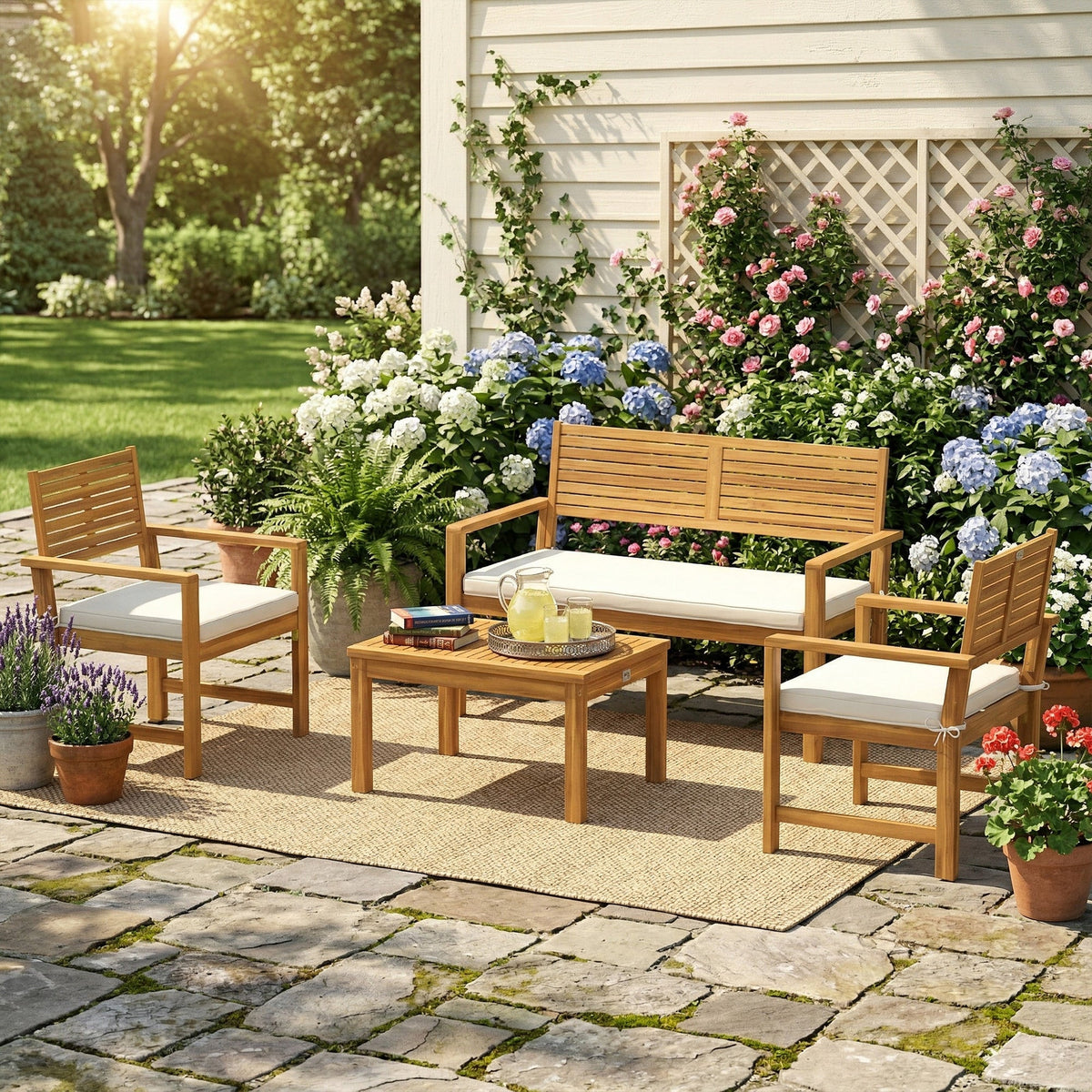 4-Seater Acacia Wood Outdoor Set with Loveseat, 2 Armchairs & Wood-Top Table, Cream