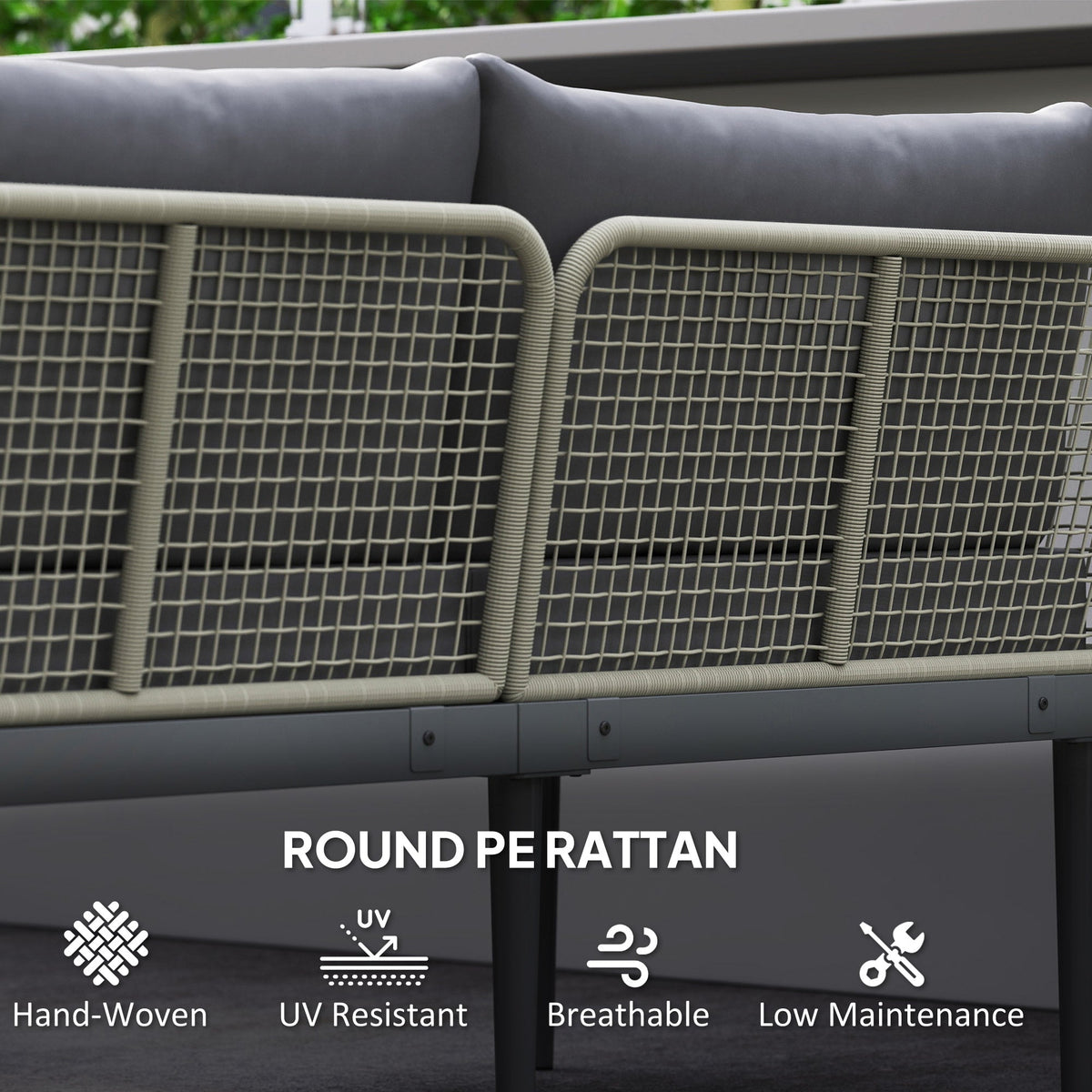 4-Seater L-Shaped Rattan Corner Sofa Set with Acacia Wood Coffee Table, Grey