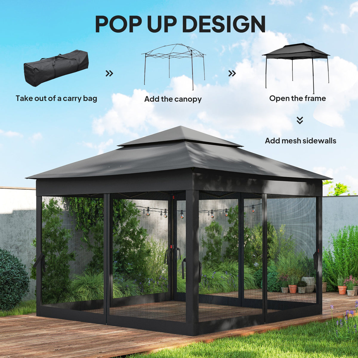 3 x 3 m Pop Up Gazebo with Double Roof, Netting & Carry Bag, Black