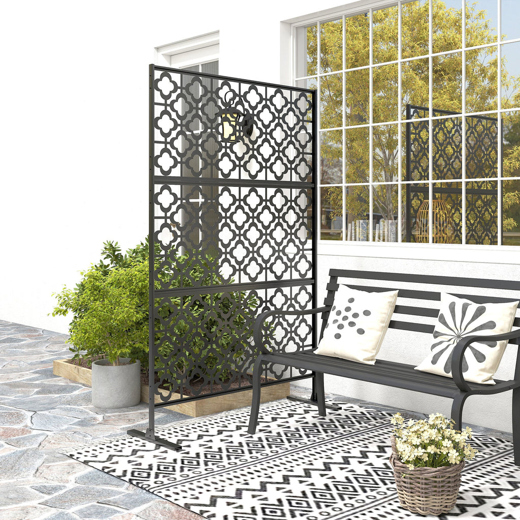 78" x 48" Metal Outdoor Privacy Screen, Quatrefoil Design, Black