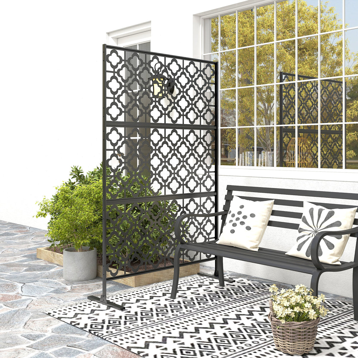 78" x 48" Metal Outdoor Privacy Screen, Quatrefoil Design, Black