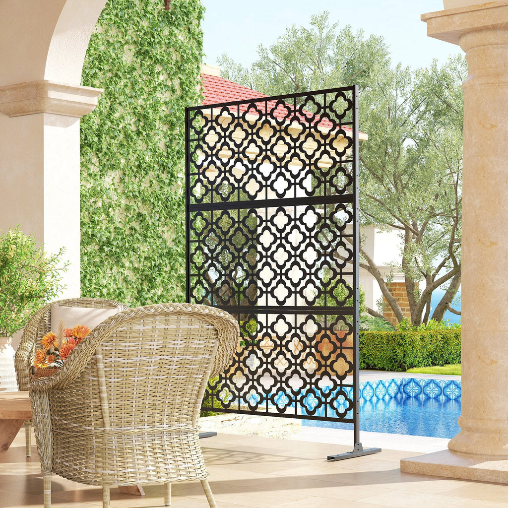 78" x 48" Metal Outdoor Privacy Screen, Quatrefoil Design, Black