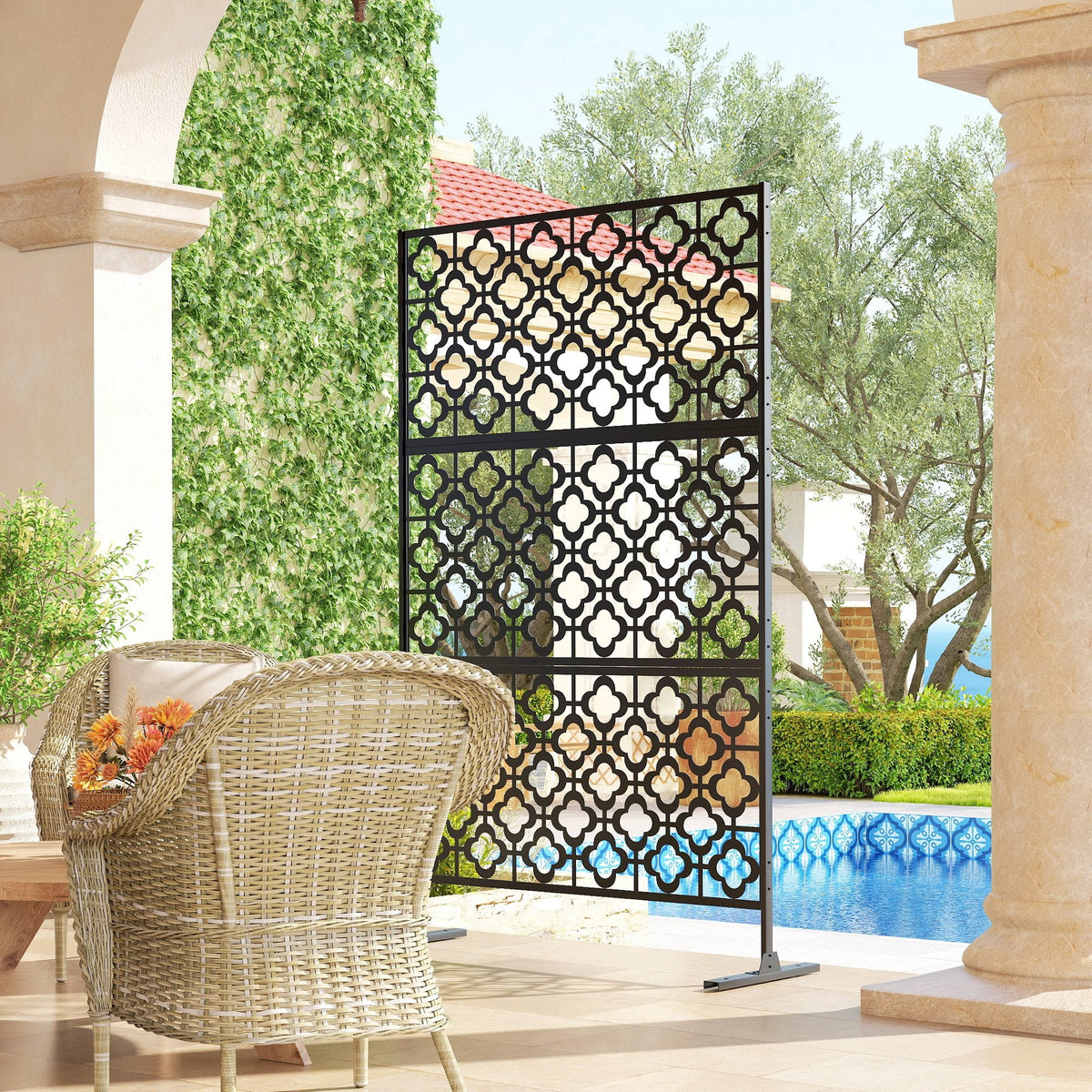 78" x 48" Metal Outdoor Privacy Screen, Quatrefoil Design, Black