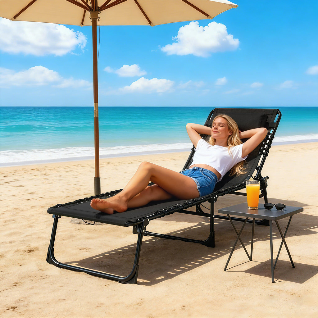 Folding Chaise Lounge Chair with 4-Position Reclining Back & Breathable Mesh Seat, Black