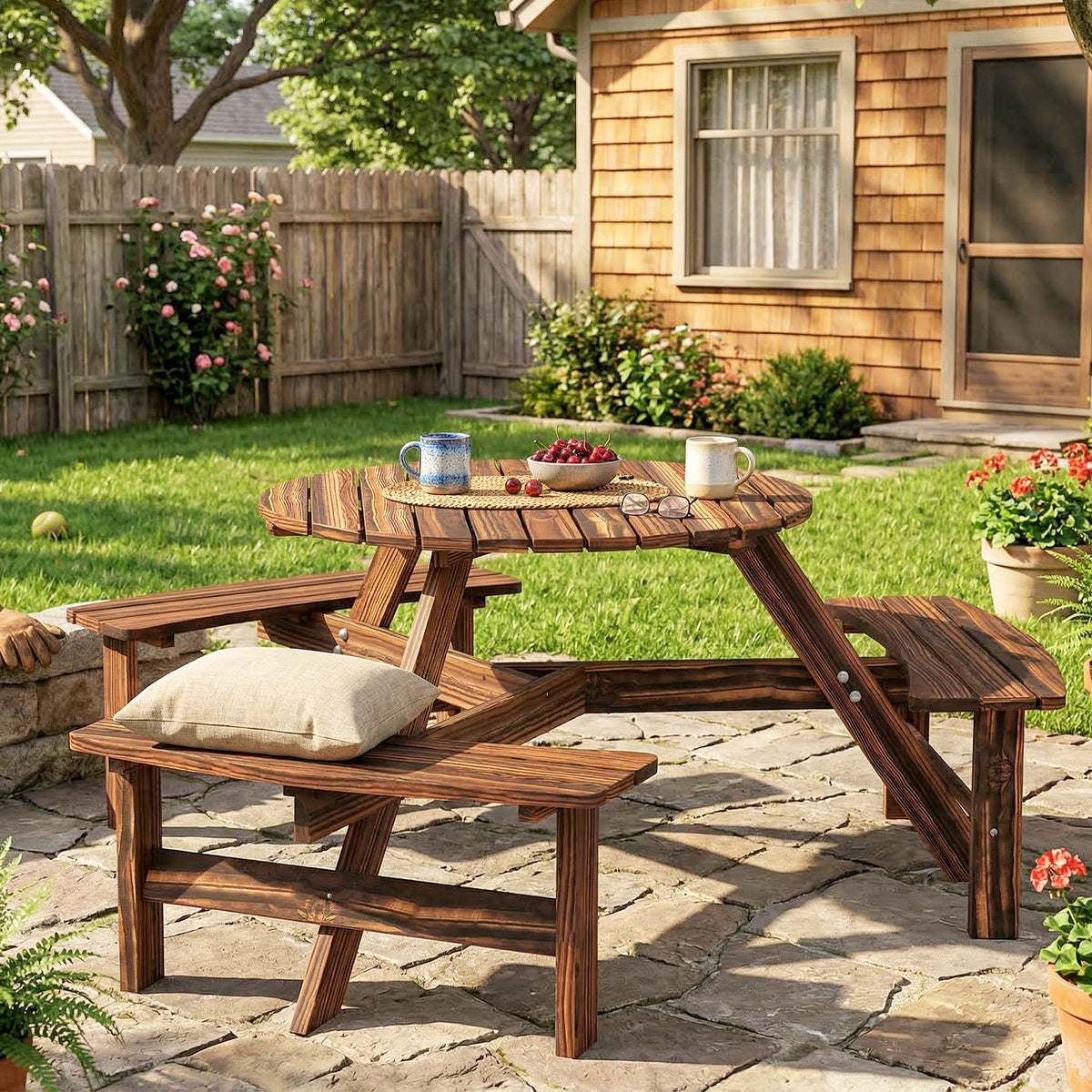 6 Seater Wooden Garden Picnic Table Set with Matching Bench, Carbonized