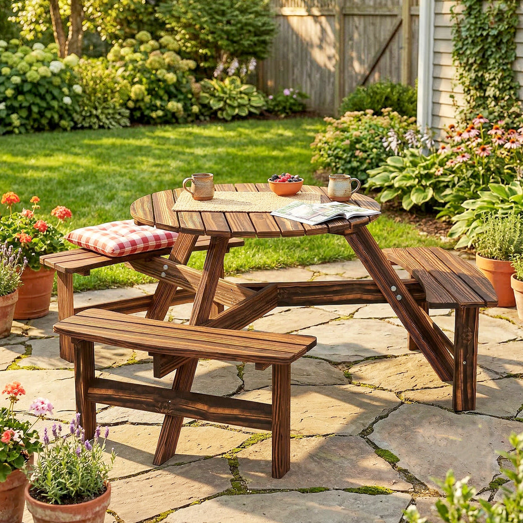 6 Seater Wooden Garden Picnic Table Set with Matching Bench, Carbonized