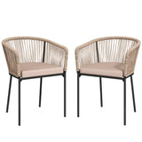 Set of 2 Rattan Dining Chairs with Cushions, Metal Frame, String Back & Armrests
