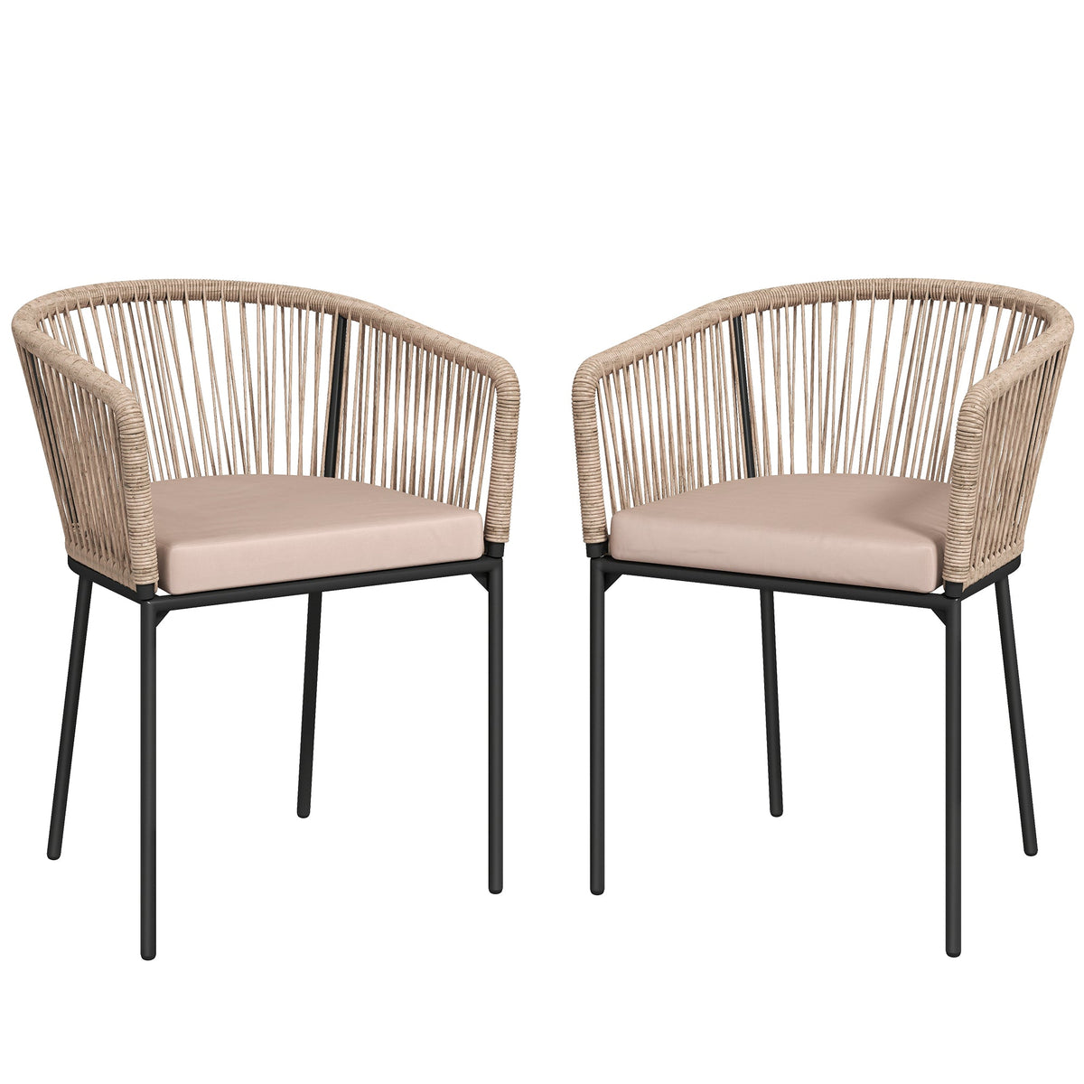 Set of 2 Rattan Dining Chairs with Cushions, Metal Frame, String Back & Armrests